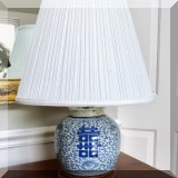 D29. Blue and white Asian ginger jar lamp. 23”h - $120